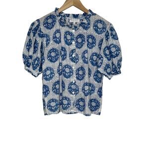 Marea Puff Sleeve Button Up Blouse Womens Small Blue Floral Block Print Cotton